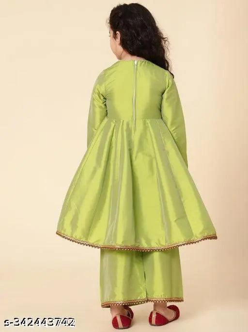 Kids girls Rayon anarkali Kurti Set with palazzos & dupatta, solid pattern, 3/4 sleeves. 5-6 years size: top length 26 in, bottom length 24 in. Indian traditional clothing for girls