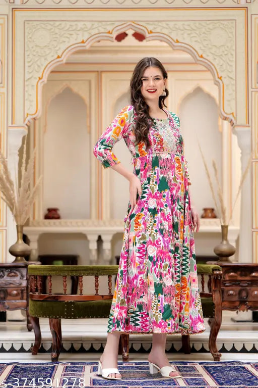 Rayon printed multiboota-kurta with three-quarter sleeves, Indian traditional wear in sizes S to XXXL