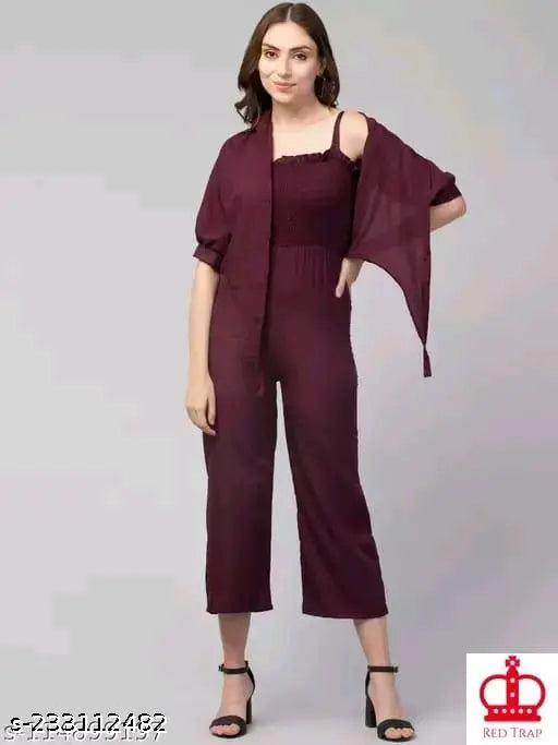 Women's and girls trendy crepe sleeveless 2pc jumpsuit with shrug combo, solid pattern in size S or M (India)