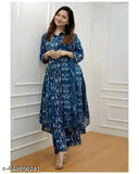 Women's rayon coord kurta pant set, three-quarter sleeves, printed pattern, size S-XXXL