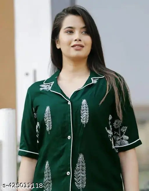 Green Rayon Night Suit Shirt & Pyjamas, printed design, comfortable loungewear set