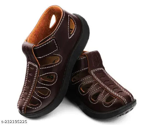 Brown synthetic leather casual sandals for kids, ideal for unisex play and casual outfits. Size: 9-12 months. Made in India