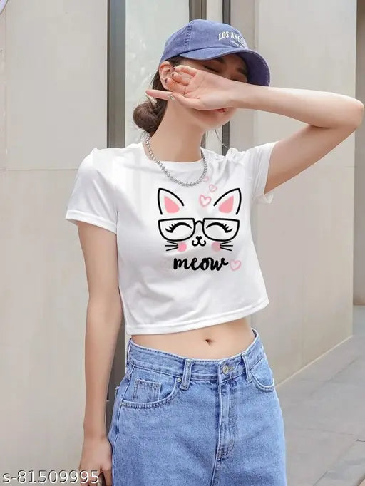 White cotton crop top with printed design, half sleeve for women's casual wardrobe, made in India