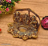 Gold-plated Ganesh Laxmi Saraswati idol with 5-face diya, traditional Indian home & office decoration (14cm metal)