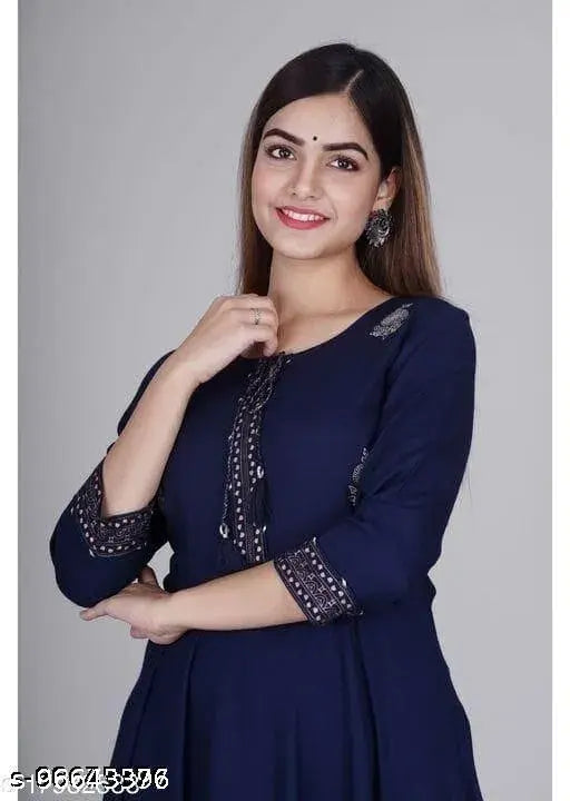 Royal blue rayon gown with three-quarter sleeves, solid design, suitable for women's sizes S to XXL (Bust size 38in - 44in), made in India