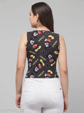 Printed Lycra round neck cut sleeve crop top, sleeveless, available in sizes S, M, and L