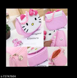 A cartoon character crossbody hand purse with a pink zipper, in a light pink fabric, accompanied by a phone case and a pen in the background