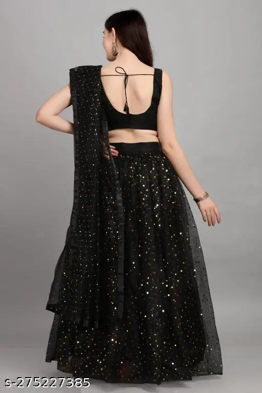 Black semi-stitched satin lehenga with embellished net dupatta and matching blouse, traditional Indian women's attire for festive events