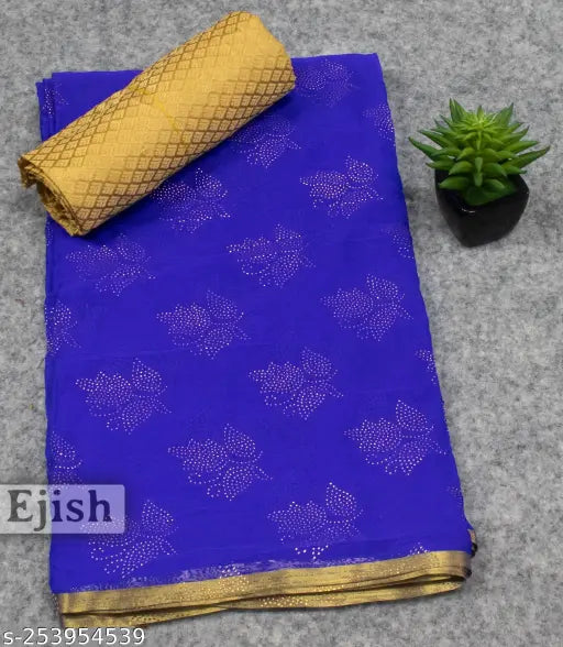 Latest chiffon saree collection, free size, printed pattern with brocade blouse, India origin