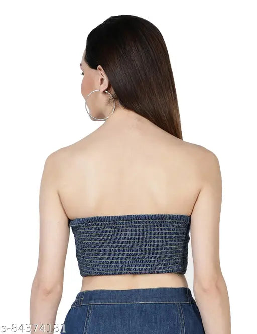 Cotton denim blue bluster top - sleeveless, sweetheart neckline, contrast detailing, Indian-made fashion essential