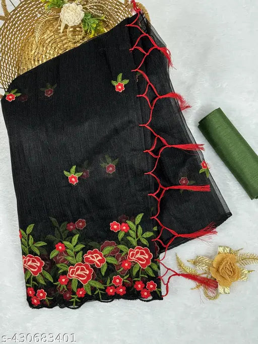Beautiful multi-thread embroidered Super Net Sari with Bangalori Silk blouse, intricate cutwork border on pallu and skirt