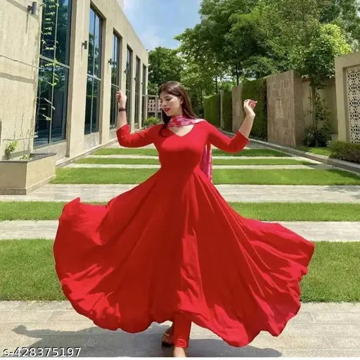 Red rayon women's gown with dupatta, elegant silhouette perfect for special occasions