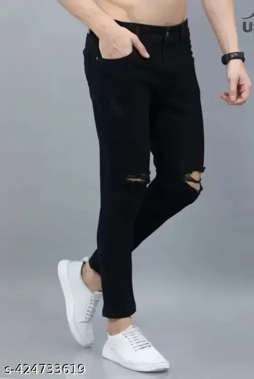 Stylish and comfortable black denim knee-cut jeans for men & boys, sleek and versatile fit for casual and partywear