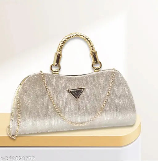 White sequin clutch, metallic gold chain accents, for weddings or parties