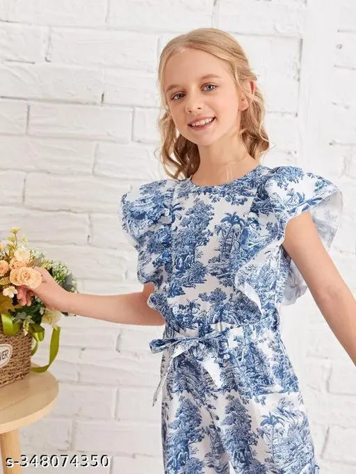 Colorful children's jumpsuit with ruffled sleeves and V-neckline, perfect for summer or winter wear