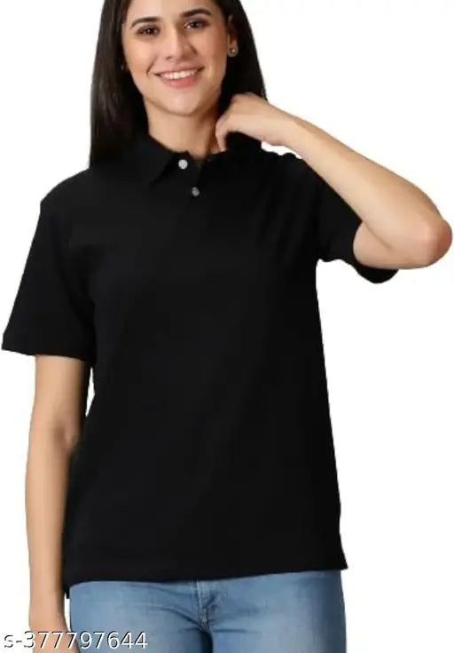 Cotton solid polo t-shirt for women and girls, fashionable short sleeves attire