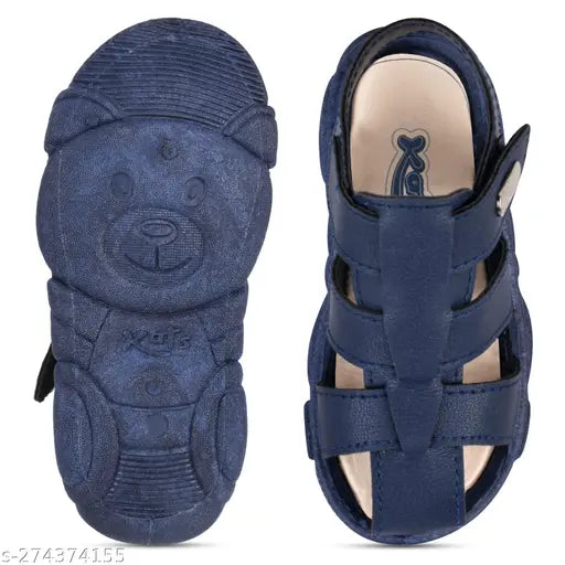 Black kids sandal with blue print featuring a teddy bear, designed for boys and girls aged 2 to 5 years