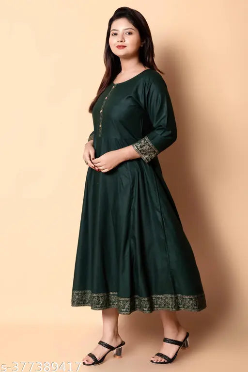 Deep Green Rayon Printed Anarkali Kurta with intricate embroidery, perfect blend of style and comfort