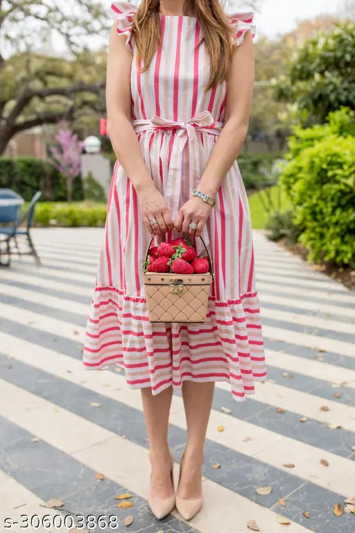 Pink and white striped viscose rayon fit and flare dress with three-quarter sleeves, suitable for parties or evening wear, available in sizes L, M, XL, XXL (50in length, bust sizes 38in - 44in). Perfect for girls' nights out or special occasions