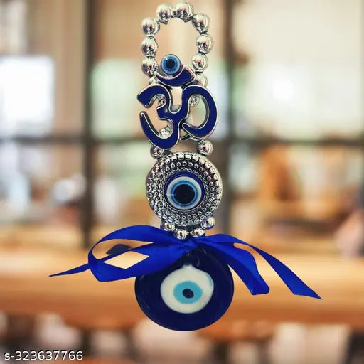 Blue & Silver glass OM Evil Eye Hanging for home & car, promoting good luck and prosperity