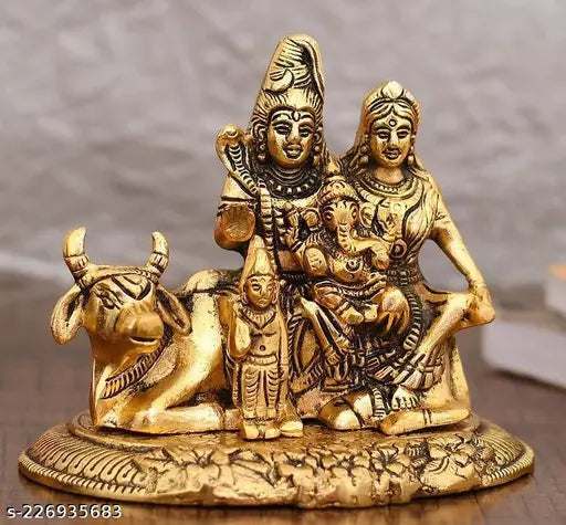 Haridwar Divine metal Shiva family sculpture: Shiva Parvati Ganesh on Nandi, 9cm x 8cm x 10cm, Indian origin