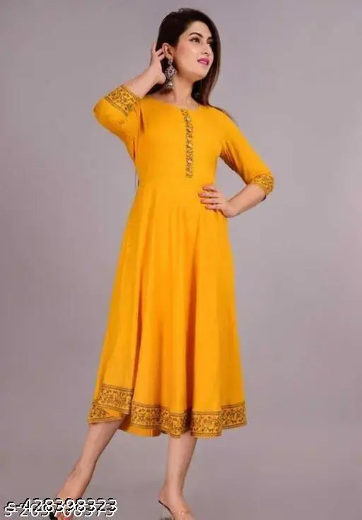 Yellow Rayon Solid Quarter-Sleeve Kurti - Indian women's fashion, single size