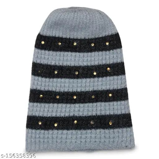 Striped woolen beanie cap for men & women, Grey/Black - KC471, designed by Neska Moda. Warm, cozy, and stylish winter wear, proudly made in India