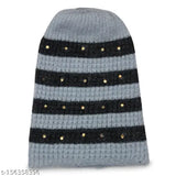 Striped woolen beanie cap for men & women, Grey/Black - KC471, designed by Neska Moda. Warm, cozy, and stylish winter wear, proudly made in India