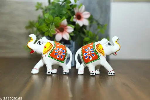 White paper mache handcrafted elephant figurines set of 2, perfect for living room decor and gifting