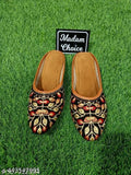 Tan embroidered Badami slippers with gold trim