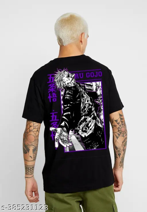 Saruto Gojo printed cotton t-shirt, round neck, short sleeves, men's size M (38" chest), 180 gsm. Anime-inspired fashion for casual wear