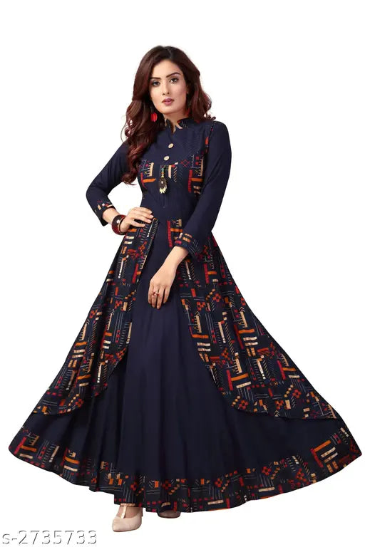 Rayon printed long kurta with ankle length, neck collar and 3/4 sleeves - Madhuram textiles Designer Women's Kurta set for parties & festivals, India origin