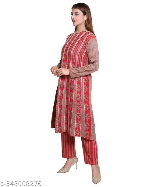 Striped wool ethnic kurta and sharara set with three-quarter sleeves. HRD7 Wollen Top & Botton Set from India