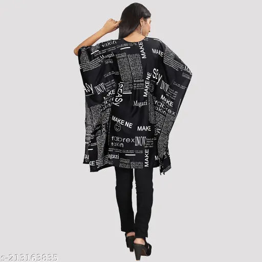 Girls black & white crepe kaftan with floral print, knee-length, 3/4 sleeves, V-neck, size: 6-7 Years (bust 28 in, length 28 in)