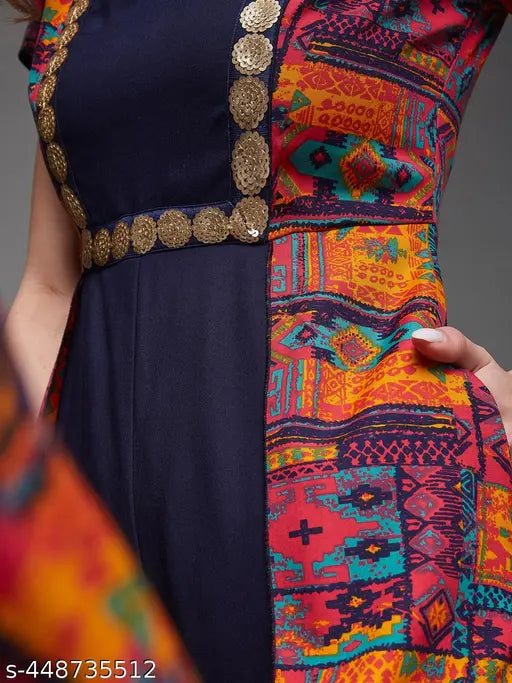 Multicolor base navy blue bohemian viscose rayon jumpsuit with keyhole neck and short sleeves, back closure. Indian origin