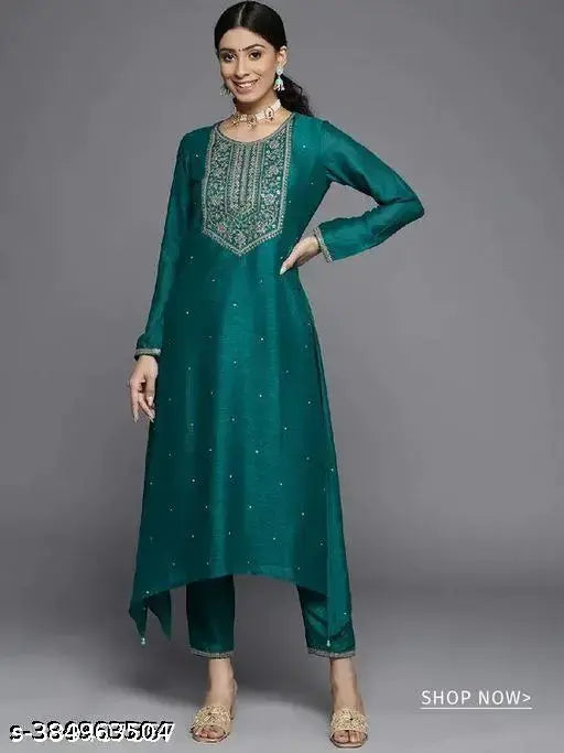 Teal blue embroidered silk blend straight kurta, intricate detailing, full sleeves, India