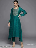 Teal blue embroidered silk blend straight kurta, intricate detailing, full sleeves, India