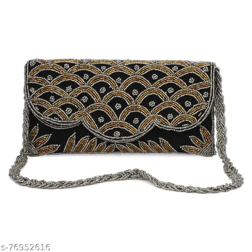Women's multicolored embroidered clutch purse, silver chain strap