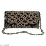 Women's multicolored embroidered clutch purse, silver chain strap