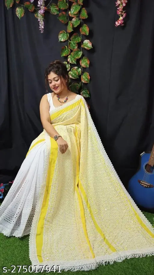 Chiffon chikonkari trending saree, single piece with lace border, cotton blend, free size (length: 5.5m), Indian origin