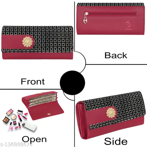 Red clutch wallet with a black and white pattern, zip closure