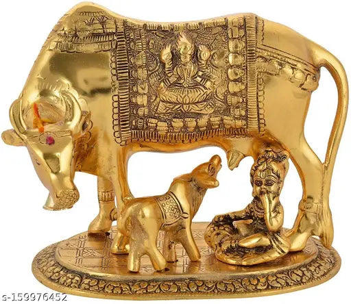 Brass cow and calf idol, decorative home showpiece, gold finish, small size, intricate detailing, 12cm x 11cm x 10cm