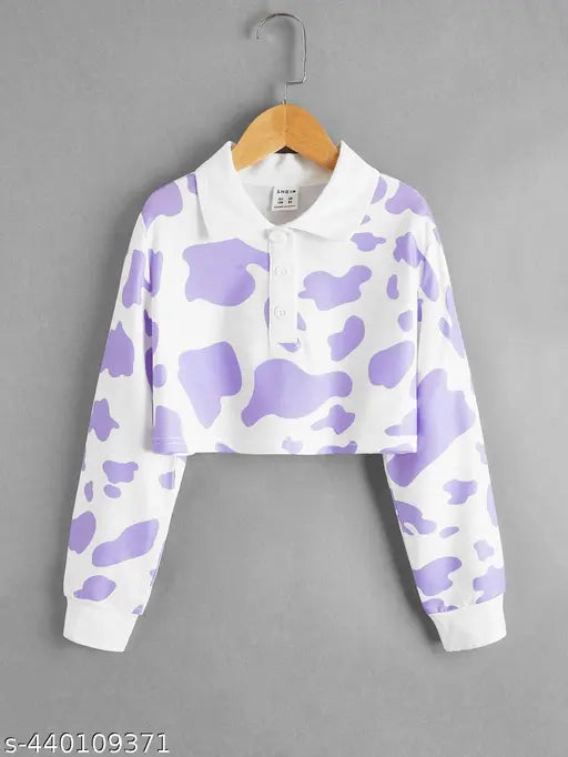 Blue Lycra full sleeve shirt, women's trendy purple & white cow print top, India