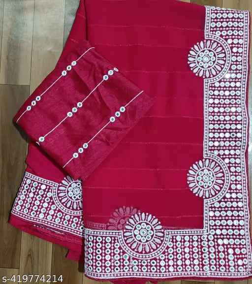Red and white patterned georgette embroidered lace saree with border detailing