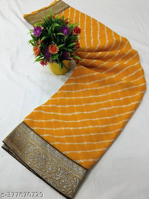 Trendy Newweightless Leheriya Saree with yellow and orange stripes, border design