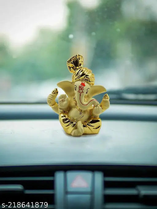 Gold-plated terracotta Karauli Collection Ganesha idol, 6cm x 8cm x 3.5cm for car dashboard showpiece, best for festivals, home decor. Handcrafted in India by local artisans