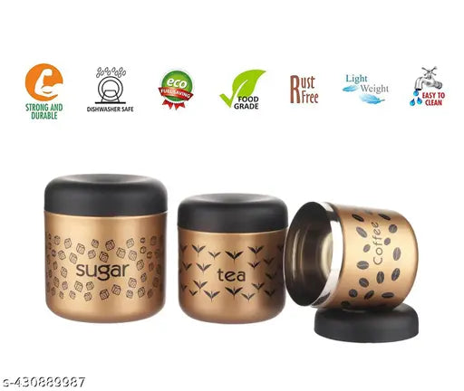 A set of stainless steel canisters with color coating, printed tea and coffee patterns, matte finish