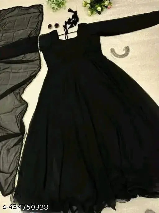 Black georgette anarkali gown with dupatta, long sleeves, solid pattern, low price party wear, women's formal wear