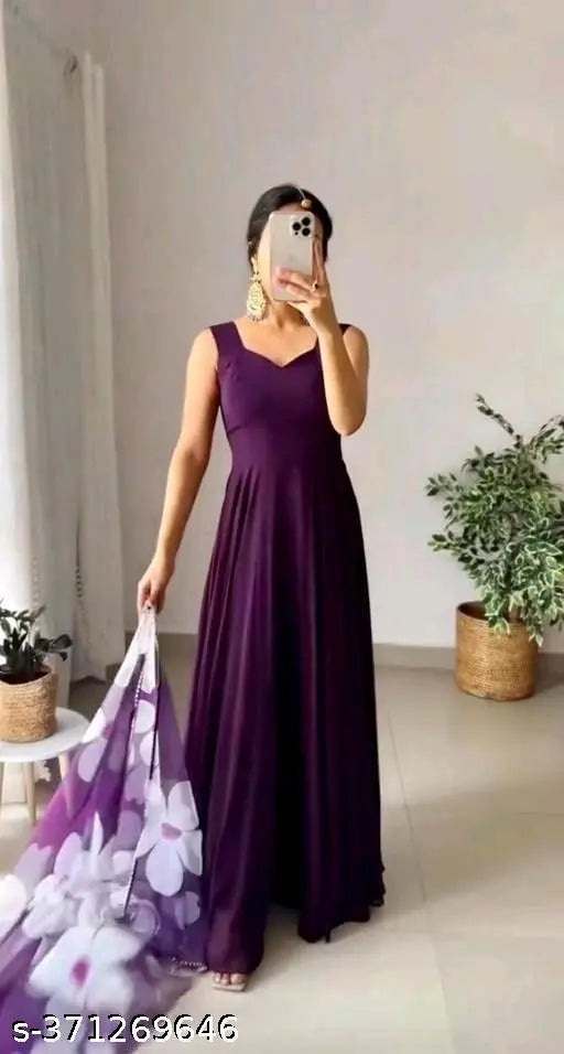 Georgette wine-colored gown with floral print, sleeveless, for women's parties, weddings, and functions