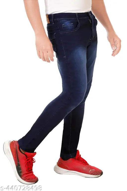 Men's blue denim jeans with red sneakers, black and white checkered socks
